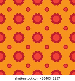 Vintage maroon red and mustard yellow curtain or table cloth. Seamless pattern background with symmetrical ten petal flowers. Classic antique design or mid century modern aesthetic. Vector, EPS 10.