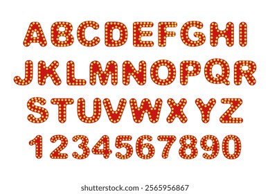 Vintage Marquee Lettering and Numbers Graphic. Alphabet and numbers with glowing light bulb effect in red and yellow on a white background. Decorative typography design for poster, banner.