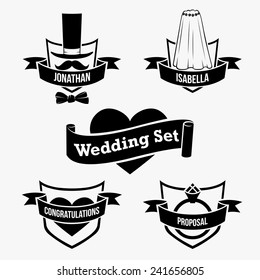 Vintage marriage collection design elements in retro minimalistic style with hat, ring, mustaches and veil