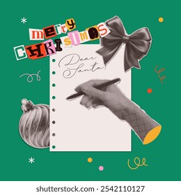 Vintage marry Christmas design with hand writing a letter to dear Santa. Colorful halftone collage style illustration. Vector concept for poster, banner, greeting and 2025 celebration.