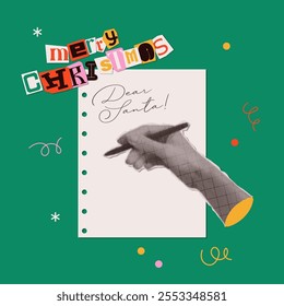 Vintage marry Christmas design with hand writing a letter to dear Santa. Colorful halftone collage style illustration. Vector concept for poster, banner, greeting and 2025 celebration.