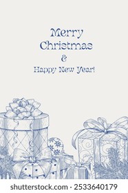 Vintage Marry Christmas and Happy New Year illustration with gifts boxes bows ball fir branches. Blue beige. Hand drawn engraved Vector background for design holiday decor, greeting card