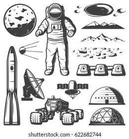 Vintage Mars space elements collection with cosmonaut spaceship rover planet station radar satellite mountain craters isolated vector illustration