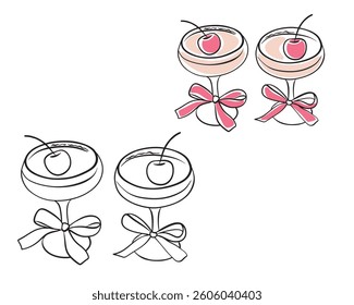 Vintage martini cocktail glasses with cherry and bows. Wedding feast, party. Vector illustration of alcoholic drinks chain