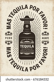 Vintage Mas Tequila Por Favor (Más Tequila Por Favor) Tipografía. Camisetas y etiquetas gráficas con botella. Ilustración de vector EPS10 editable en estilo de madera.