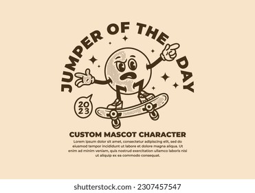 Vintage mascot character design of ball head playing skateboard