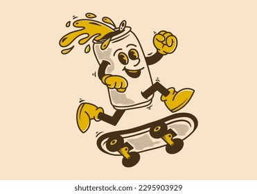 Vintage mascot character design of beer can jumping on skateboard