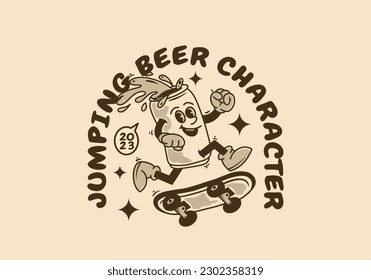 Vintage mascot character design of beer can jumping on skate board