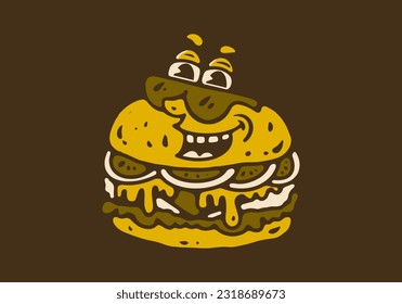 Vintage mascot character design of a burger laughing and wearing glasses