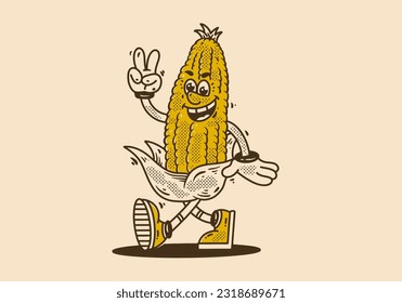 Vintage mascot character design of a corn is walking happily