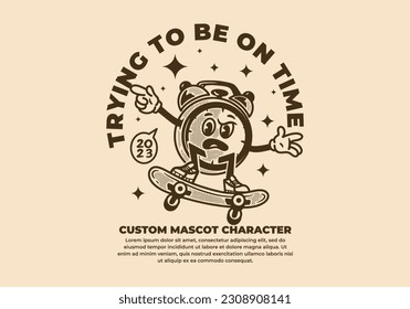 Vintage mascot character design of desk clock jumping on the skateboard
