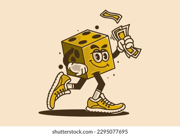 Vintage mascot character design of a dice holding money