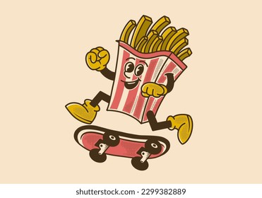 Vintage mascot character design of french fries jumping on skateboard