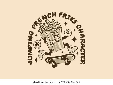 Vintage mascot character design of French fries jumping on skate board