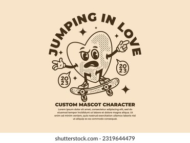 Vintage mascot character design of heart jumping of skateboard