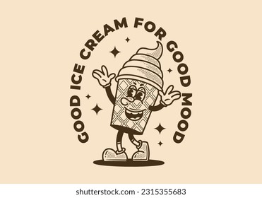 Vintage mascot character design of ice cream cone with happy expression