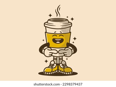 Vintage mascot character design of a paper cup of coffee with shy expression