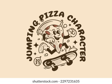 Diseño vintage de caracter de mascota de la pizza saltando sobre la tabla de patinaje