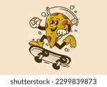 Vintage mascot character design of slice pizza jumping on skateboard