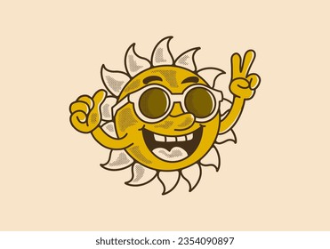 Vintage mascot character design of a sun wearing sunglasses with happy expression