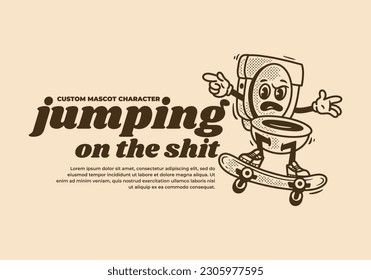 Vintage mascot character design of toilet jumping on skateboard