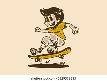 Vintage mascot character of a guy jumping on skateboard