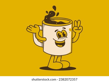 Vintage mascot character illustration of coffee mug with happy face
