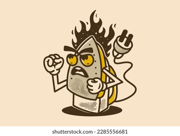 Vintage mascot character illustration design of Electric iron with angry face and flames