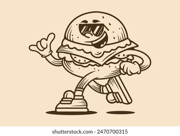Vintage mascot character illustration design of running burger