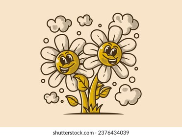 Vintage mascot character illustration of a flowers with happy face
