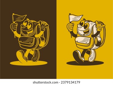 Vintage mascot character illustration of walking school bag holding a flag