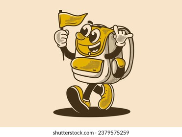 Vintage mascot character illustration of walking school bag holding a flag