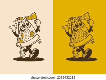 Vintage mascot character illustration of walking pizza, holding a flag