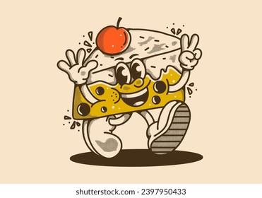 Vintage mascot character illustration of walking cheesecake