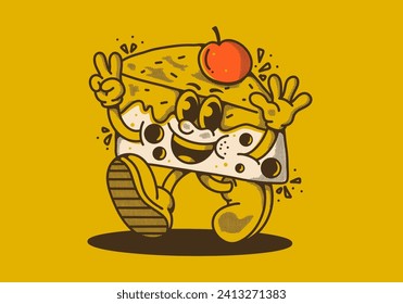 Vintage mascot character illustration of walking cheesecake