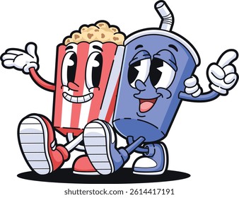 vintage mascot character pop corn and drink watching movie