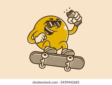 Personaje de mascota vintage de la cabeza de la bola amarilla saltando en el patinete. Sostener una lata de cerveza