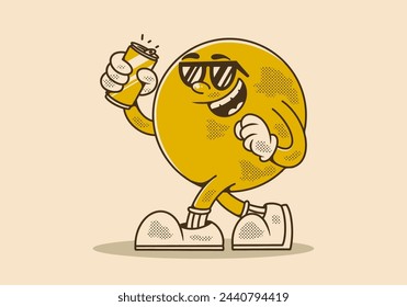 Vintage mascot character of yellow ball head holding a beer can