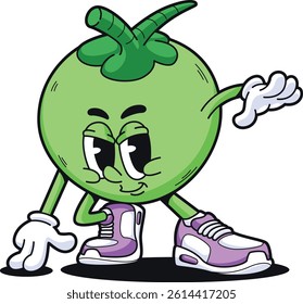 vintage mascot character young coconut posing landing wearing sneakers