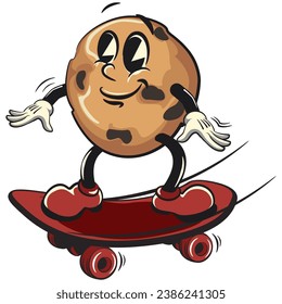 mascota vintage de choco chips personajes de galletas con caras graciosas montando una patineta, ilustración aislada del vector de dibujos animados. emoticono, linda mascota de chips de choco vintage