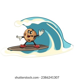 vintage mascot of choco chips cookie characters with funny faces with surfboard surfing on waves, isolated cartoon vector illustration. emoticon, cute vintage choco chips cookie mascot