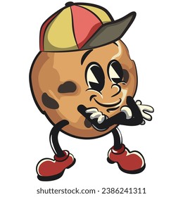 mascota vintage de personajes de galletas con chips de choco con caras graciosas usando sombreros geniales manos plegables, ilustración aislada del vector de dibujos animados. emoticono, linda mascota de chips de choco vintage
