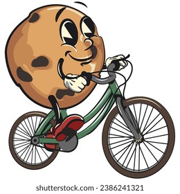 vintage mascot of choco chips cookie characters with funny faces cycling, isolated cartoon vector illustration. emoticon, cute vintage choco chips cookie mascot