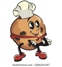 vintage mascot of choco chips cookie characters with funny faces wearing chef hats folding hands, isolated cartoon vector illustration. emoticon, cute vintage choco chips cookie mascot