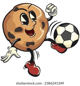 mascota vintage de choco chips personajes de galletas con caras graciosas jugando fútbol pateando la pelota con un tiro lateral, aislada ilustración del vector de dibujos animados. emoticono