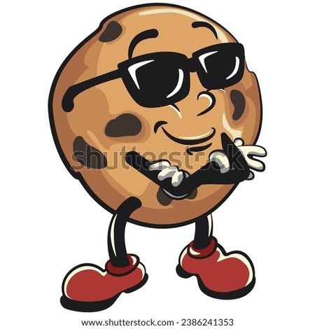 vintage mascot of choco chips cookie characters with funny faces wearing cool sunglasses folding hands, isolated cartoon vector illustration. emoticon, cute vintage choco chips cookie mascot