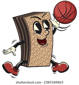vintage mascot chocolate wafer character with funny face playing basketball doing a jump, isolated cartoon vector illustration. emoticon, cute vintage wafer mascot