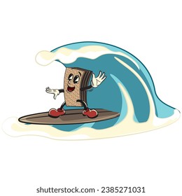 vintage mascot chocolate wafer character with funny face surfing riding waves with surfboard, isolated cartoon vector illustration. emoticon, cute vintage wafer mascot