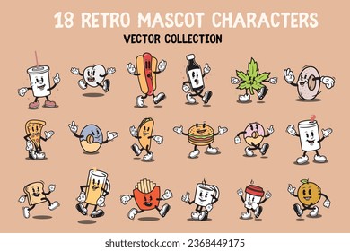 Personajes de caricatura divertidos de mascota de moda Pegatinas retro groovy personajes de estilo cómico Hippie 60s 70s 80s Caracteres de caricatura de comida de época Retro Caricaturas de dibujos retro vintage Divertido