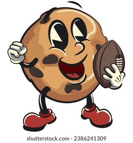 vintage mascot pair of choco chips cookie characters with funny faces playing american football, isolated cartoon vector illustration. emoticon, cute vintage choco chips cookie mascot